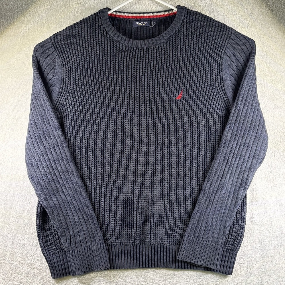 Nautica‎ Chunky Knit Crewneck Sweater Navy Cotton Waffle Knit Mens Size XL